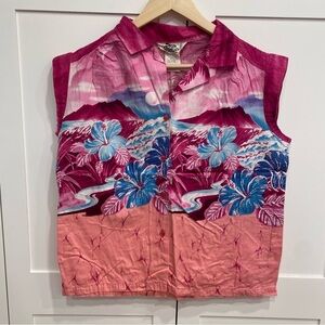 Vtg Hilo Hattie Shirt Women's Hawaiian Pink Floral Button up Aloha USA Beach